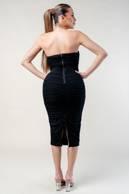 MESH RUCHED TUBE MIDI DRESS