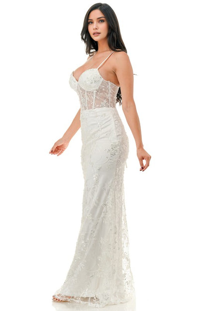 FLORAL SEQUIN CORSET MERMAID MAXI COCKTAIL DRESS