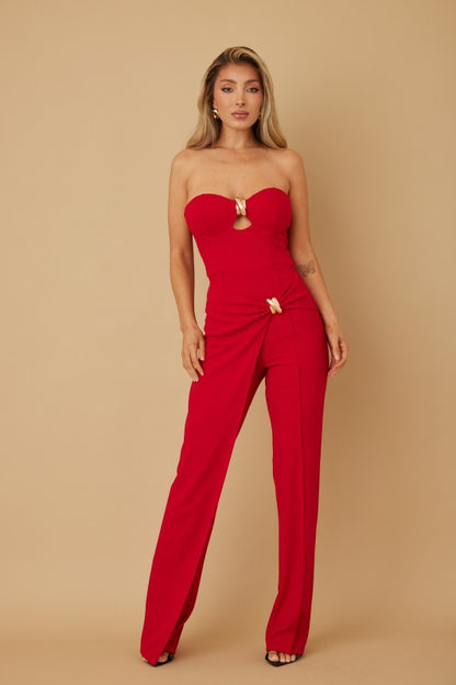 DRAPED STRAPLESS JUMPSUIT WITH GOLD
