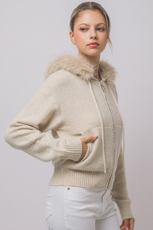 REMOVABLE FAUX FUR TRIM HOODED CARDIGAN