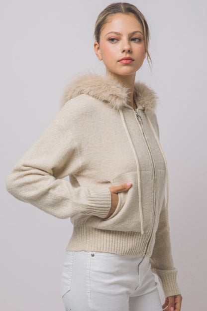 REMOVABLE FAUX FUR TRIM HOODED CARDIGAN