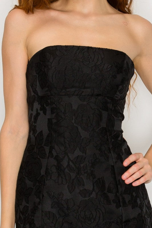 FLORAL JACQUARD STRAPLESS MINI PARTY DRESS