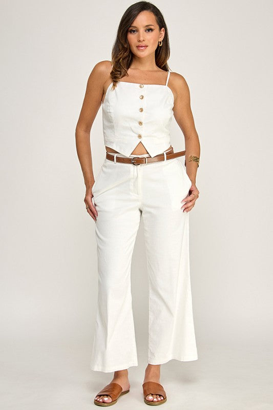 SLEEVELESS STRETCH LINEN VEST AND BELTED PANTS