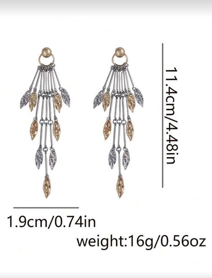 LUXURY GEOMETRIC LEAF & TASSEL METAL LONG DANGLE EARRINGS
