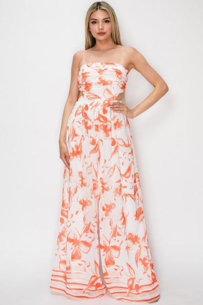 STRAPLESS FLORAL PRINTED WIDE LEG JUMPSUIT
