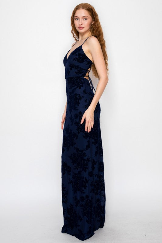 VELOUR FLORAL MERMAID MAXI PARTY DRESS