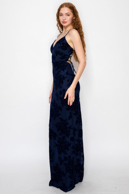 VELOUR FLORAL MERMAID MAXI PARTY DRESS