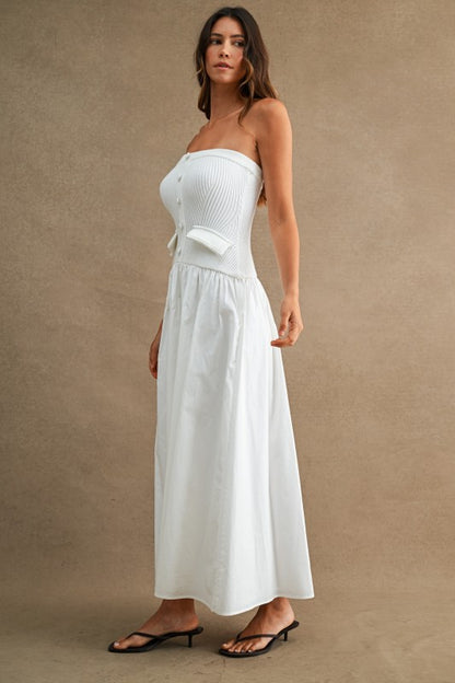STRAPLESS RIBBED KNIT BODICE POPLIN MIX MAXI DRESS