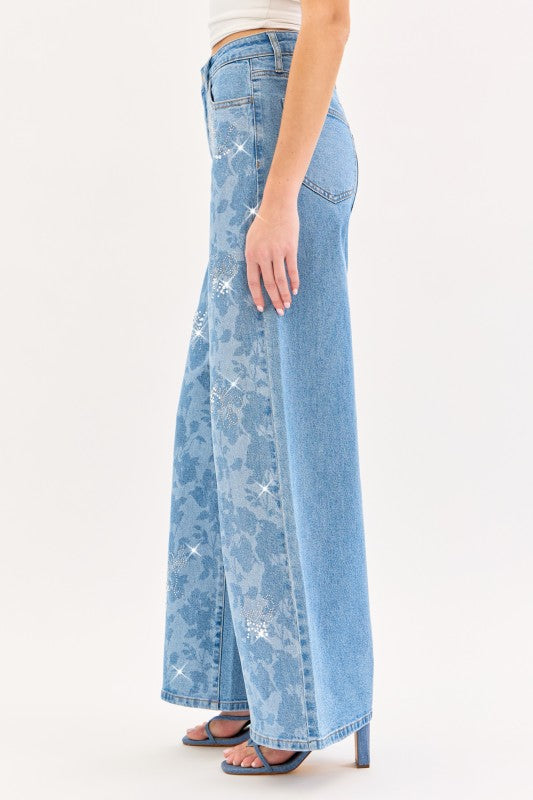 HIGH RKSE FLORAL WIDE LEG WITH RHINESTONE