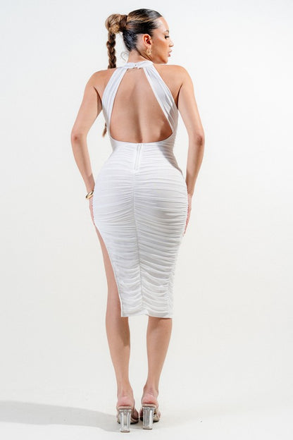 MOCK NECK MESH MIDI PARTY DRESS WITH SIDE SLIT