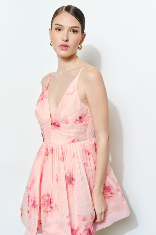 FLORAL ORGANZA V-NECK PRINTED MINI PARTY DRESS
