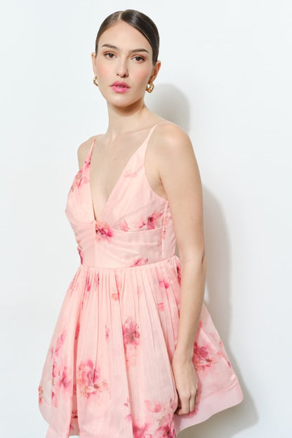 FLORAL ORGANZA V-NECK PRINTED MINI PARTY DRESS