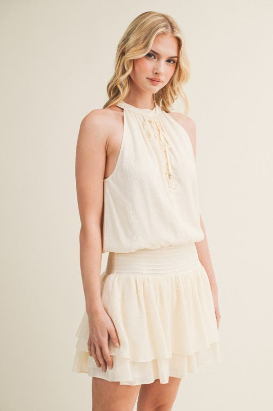 FRONT LACE UP HALTER MINI DRESS