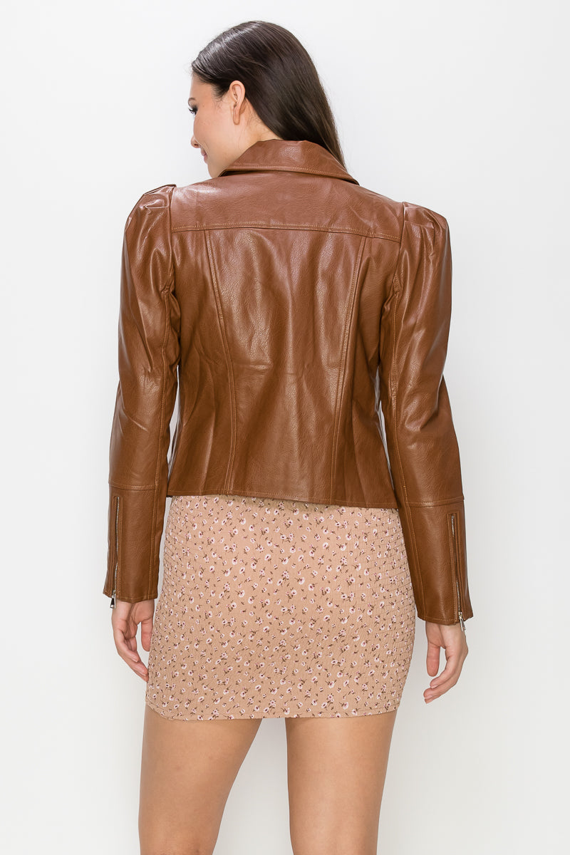 PUFF SLEEVE PU BIKER JACKET