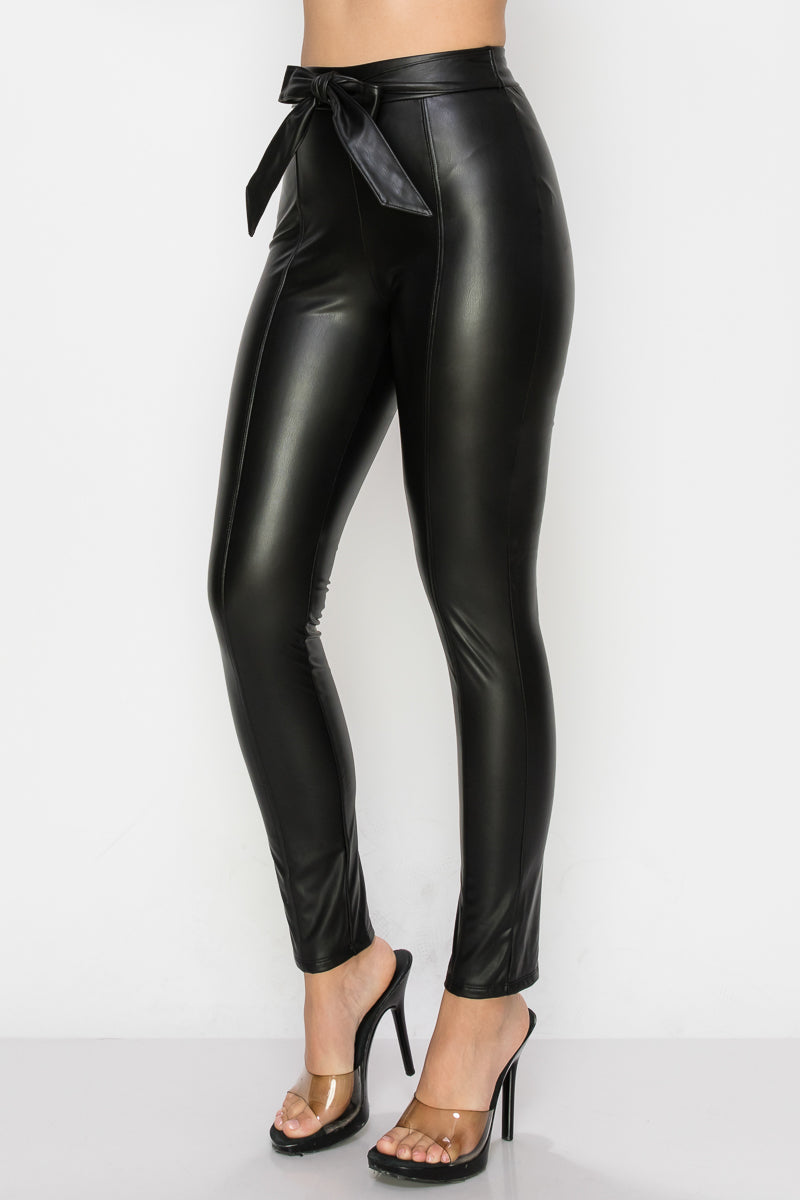 Faux Leather Belted Long Pants