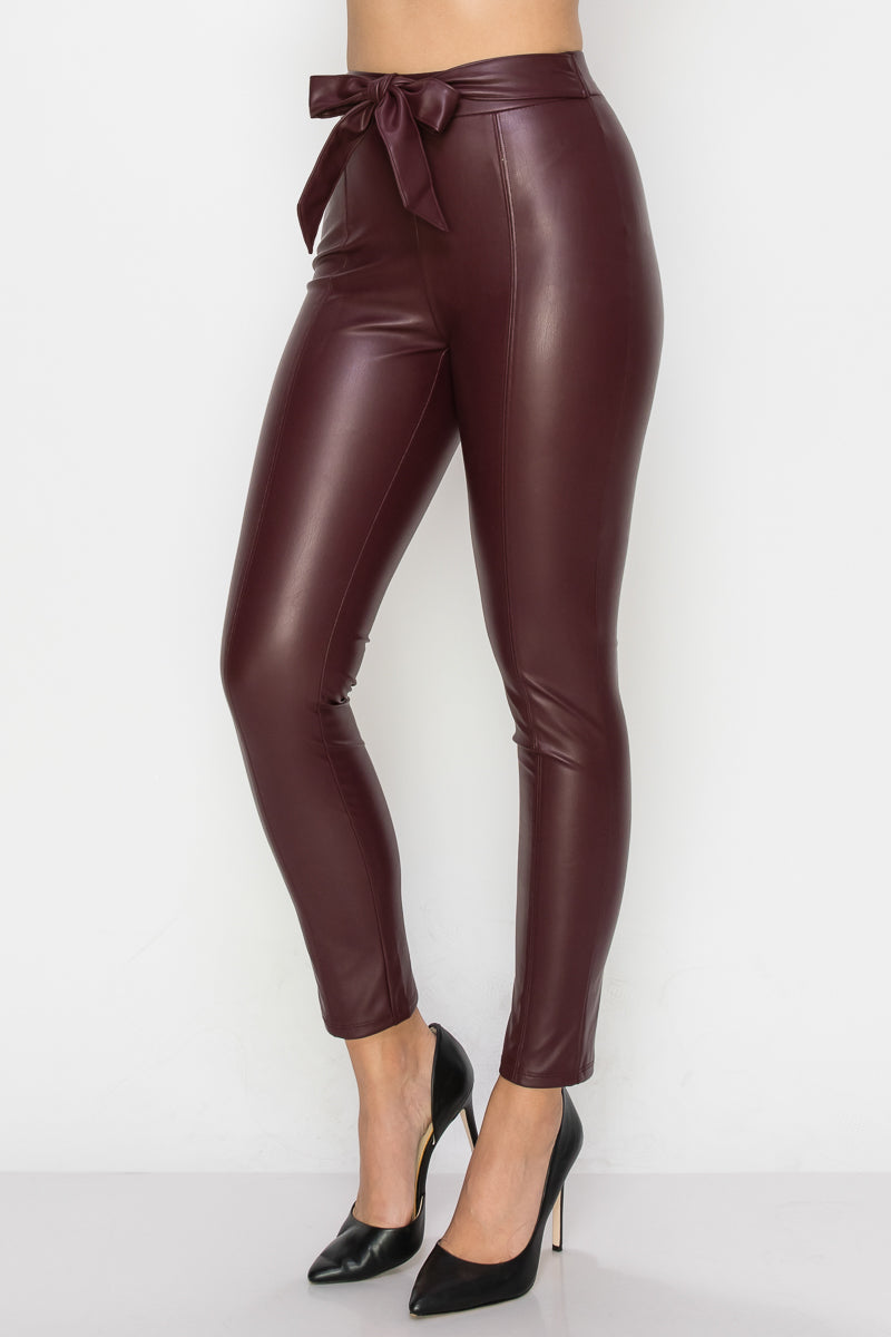 Faux Leather Belted Long Pants