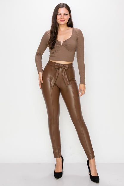 Faux Leather Belted Long Pants