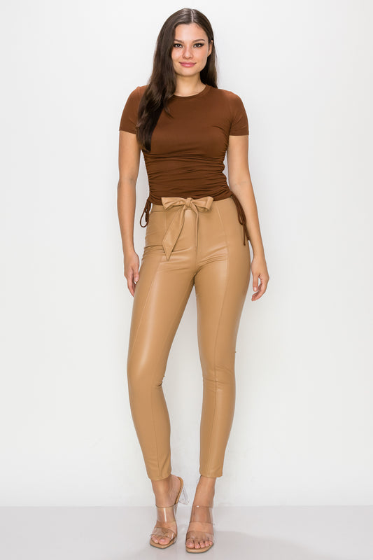 Faux Leather Belted Long Pants