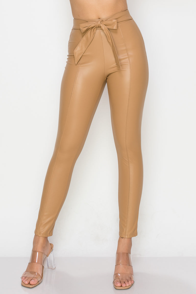 Faux Leather Belted Long Pants