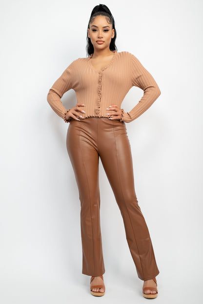 FAUX LEATHER FITTED FLARE PANTS