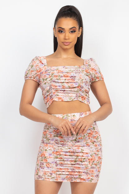 FLORAL SQUARE RUCHED TOP & SHIRRED SKIRT SET