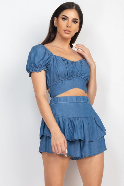 SELF-BACK TIE CROP TOP & RUFFLED SKORT SET