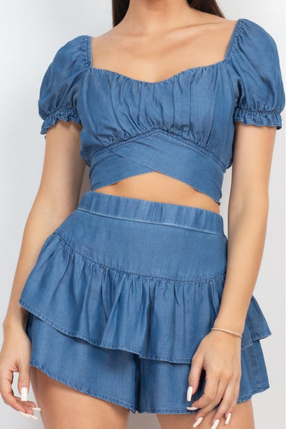 SELF-BACK TIE CROP TOP & RUFFLED SKORT SET