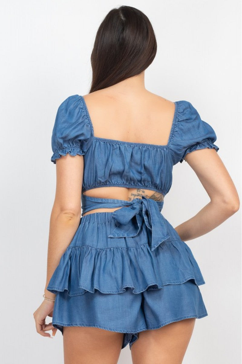 SELF-BACK TIE CROP TOP & RUFFLED SKORT SET