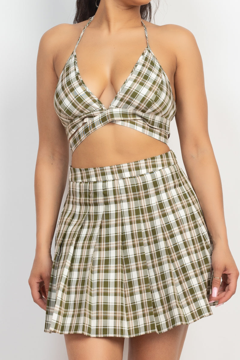 PLAID BLACK TIE RIBBON TOP & PLEATED SKIRT SET