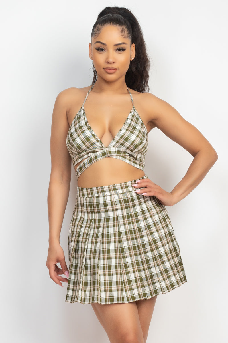 PLAID BLACK TIE RIBBON TOP & PLEATED SKIRT SET