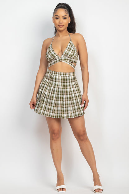 PLAID BLACK TIE RIBBON TOP & PLEATED SKIRT SET