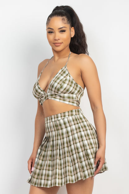 PLAID BLACK TIE RIBBON TOP & PLEATED SKIRT SET