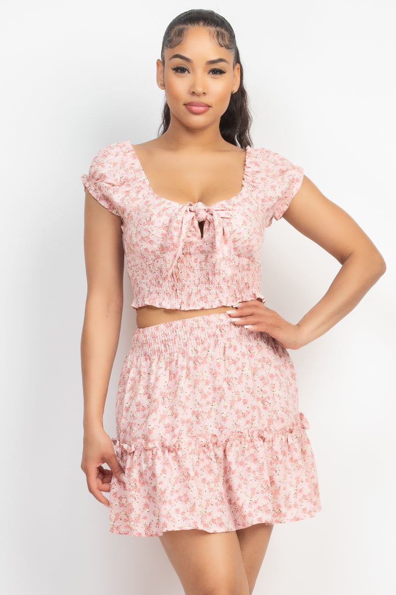 SQUARE FLORAL TIE RIBBON TOP & RUFFLED SKIRT SET