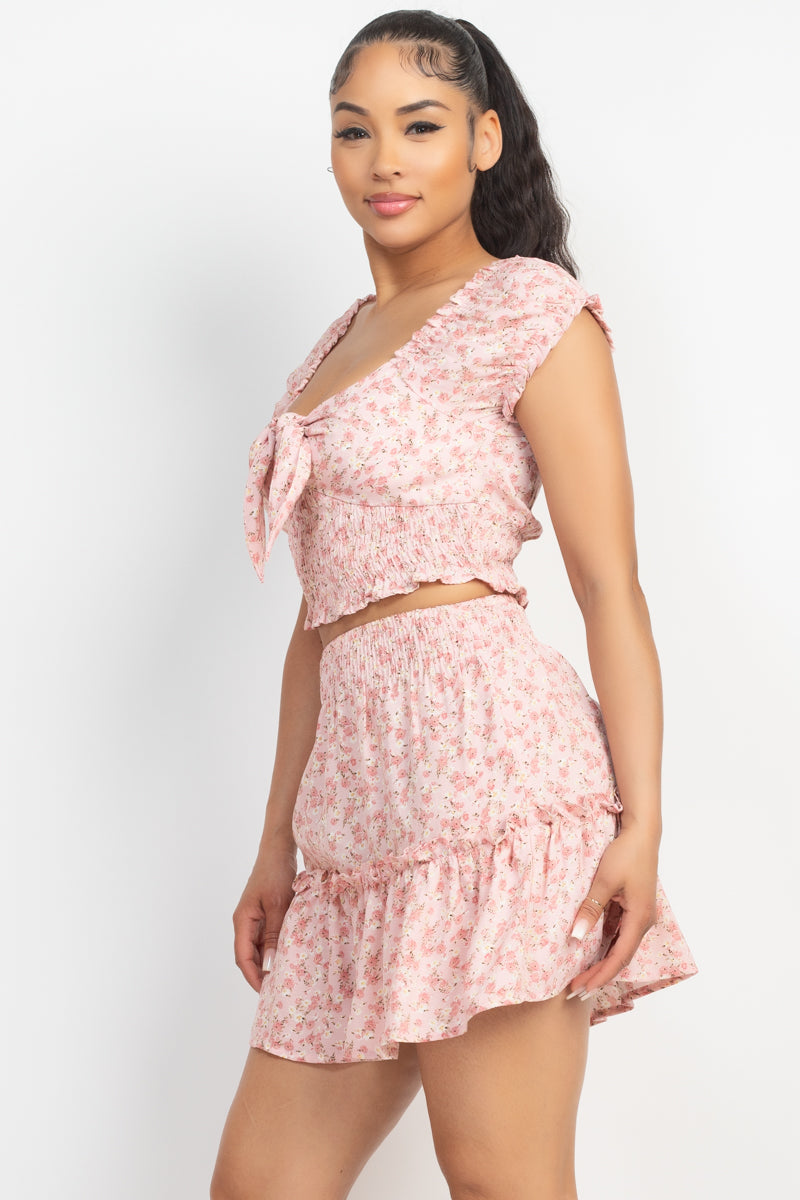 SQUARE FLORAL TIE RIBBON TOP & RUFFLED SKIRT SET