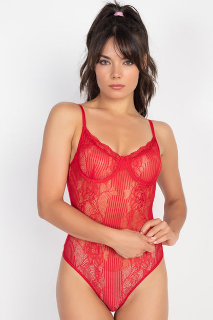 SEMI SHEER FLORAL LACE BODYSUIT