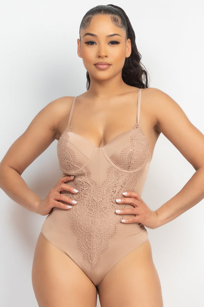 SATIN PADDED BRA LACE TRIM BODYSUIT