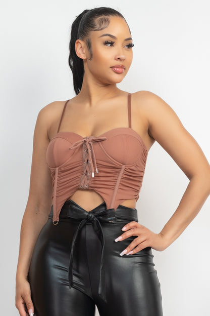 RUCHED LACE-UP ZIPPERED CORSET TOP