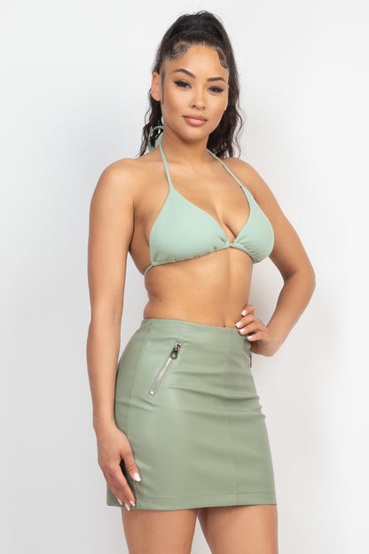 Ribbed Halter Bralette with Wrap Crop Top