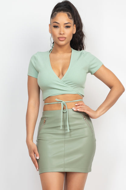 Ribbed Halter Bralette with Wrap Crop Top