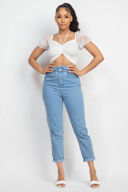 Floral Lace Ruching Crop Top