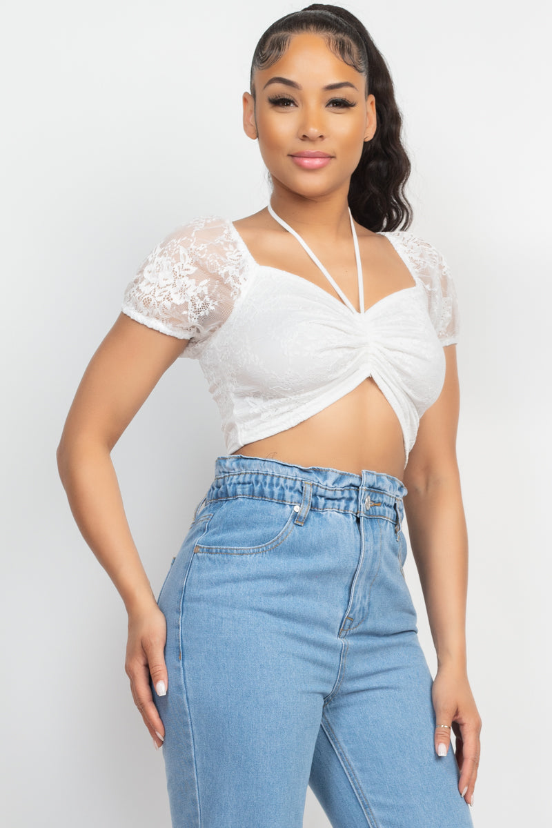 Floral Lace Ruching Crop Top