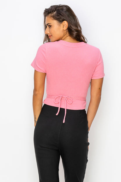 Ruched Solid Self-Tie Crop Top