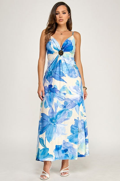 PRINTED DROP WAIST MAXI DRESS WI GOLD OVAL TRIM