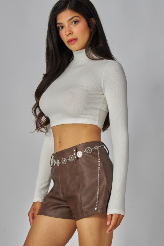FAUX LEATHER STUDDED MICRO SHORTS WITH LEATHER BELT