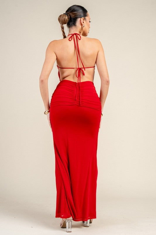 MESH WAIST TWIST SASH MAXI DRESS
