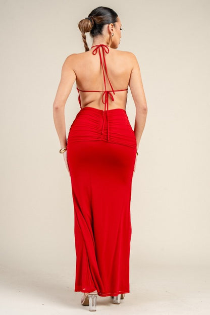MESH WAIST TWIST SASH MAXI DRESS