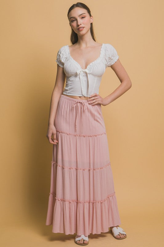 TIERED MAXI DRAWSTRING SKIRT