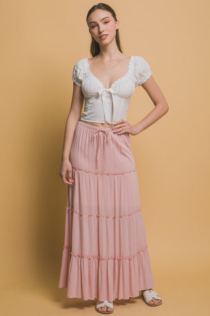 TIERED MAXI DRAWSTRING SKIRT