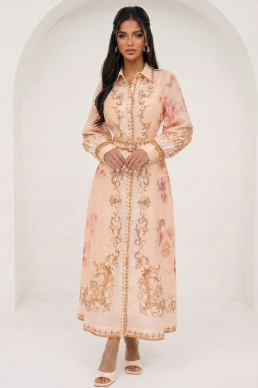 PRINTED LONG SLEEVES BELTED DRESS