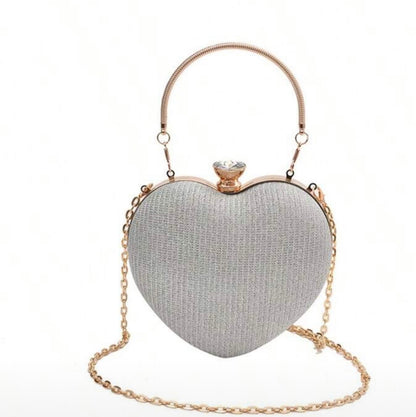 SHINY RHINESTONE HEART CROSSBODY CLUTCH PARTY BAG WITH METAL CHAIN